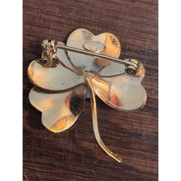 Vintage Wells 14k G.F. Shamrock Brooch Faux Pearl Center Lucky Clover Design - Picture 2 of 4
